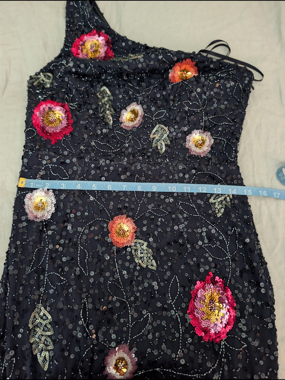 NWT Adrianna Papell One-Shoulder Floral Beaded Sequin Formal Gown Navy Size 8 - Picture 8 of 9